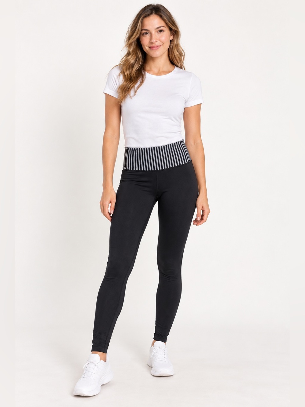 90 Degree by Reflex Black Leggings with Striped Waistband, Women’s XS